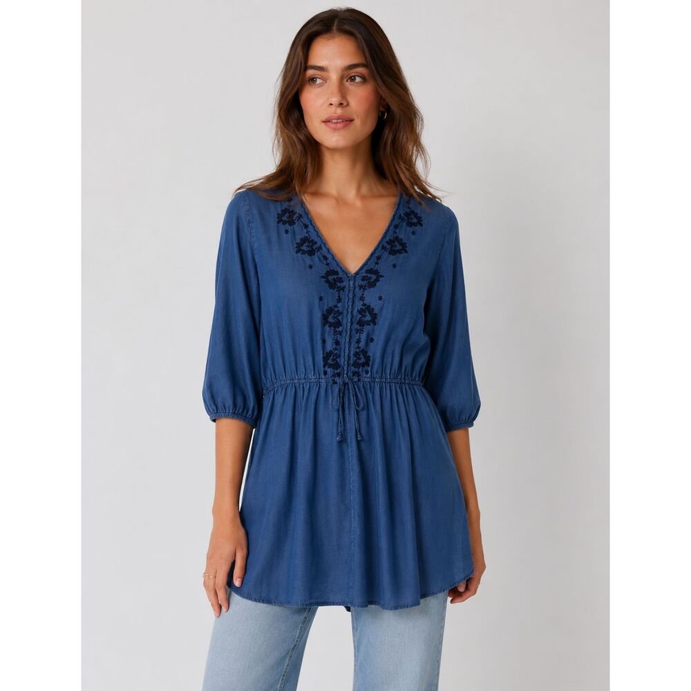 Free 2 Luv Women's Size 2X Blue Embroidered Tunic Shirt Boho Peasant 3/4 Sleeve
